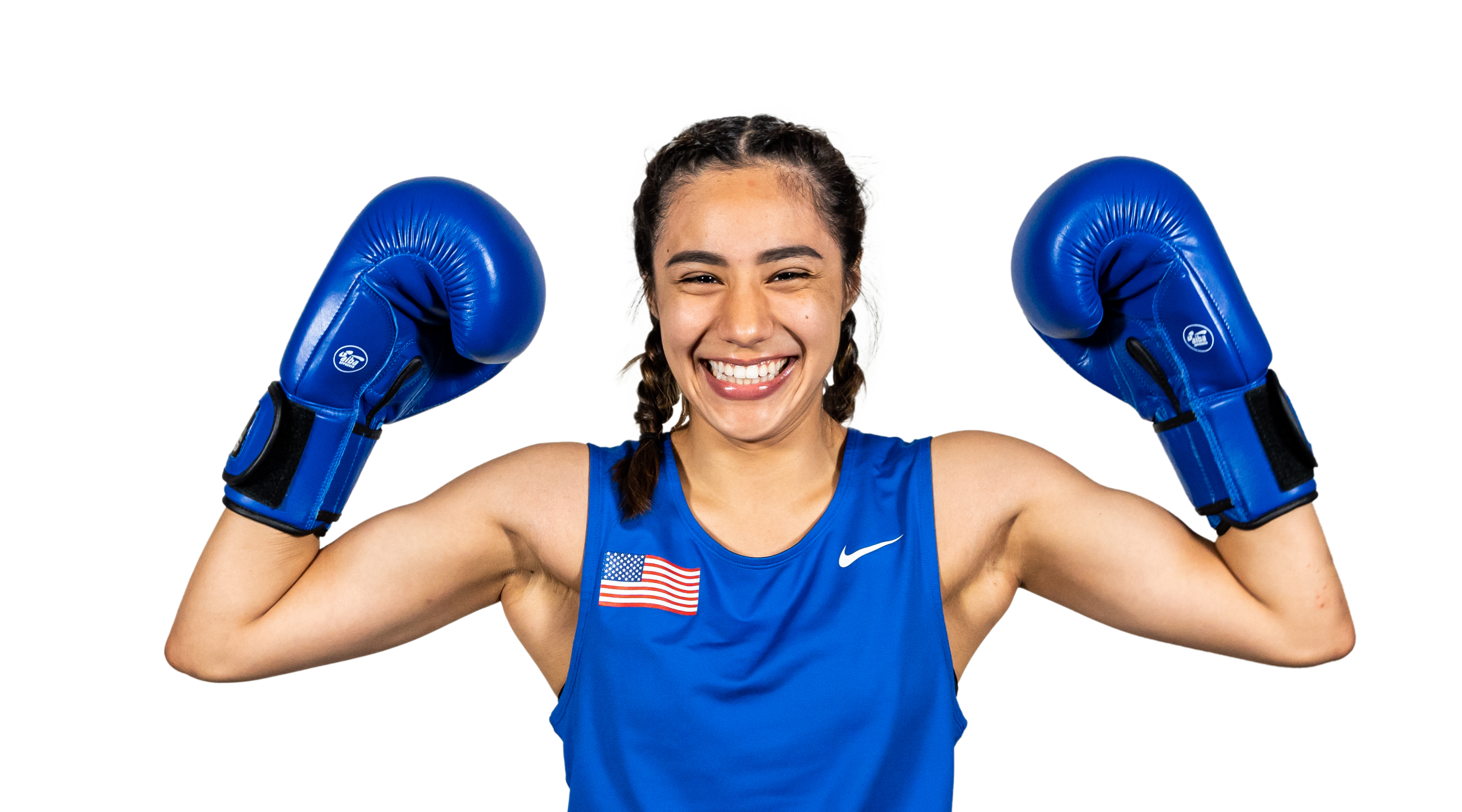 Yoseline Perez wears her Team USA Boxing uniform for a headshot where she is flexing.