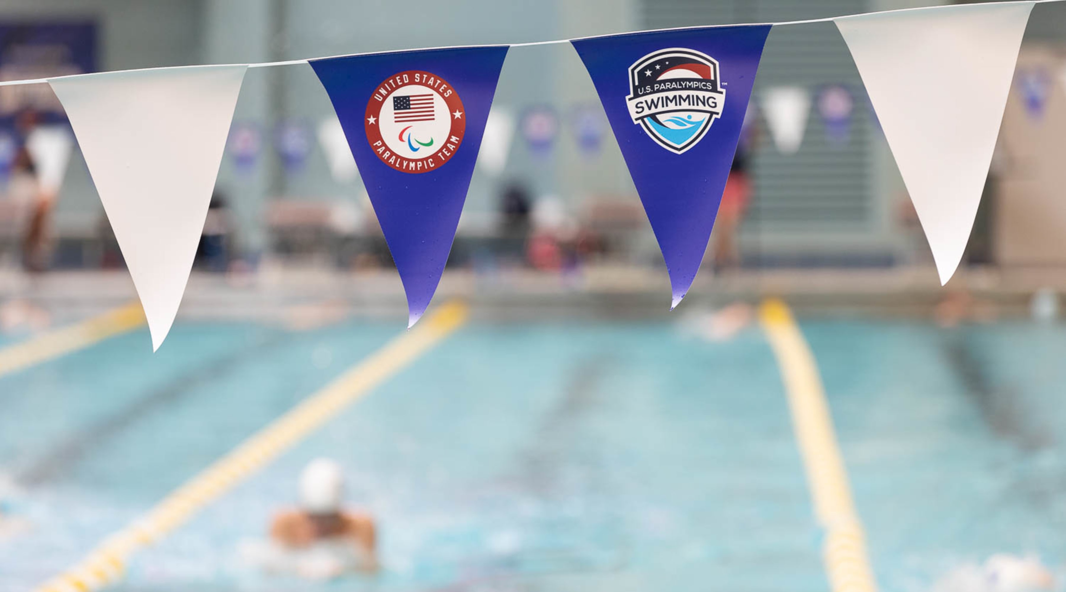 Backstroke flags hang over the pool.