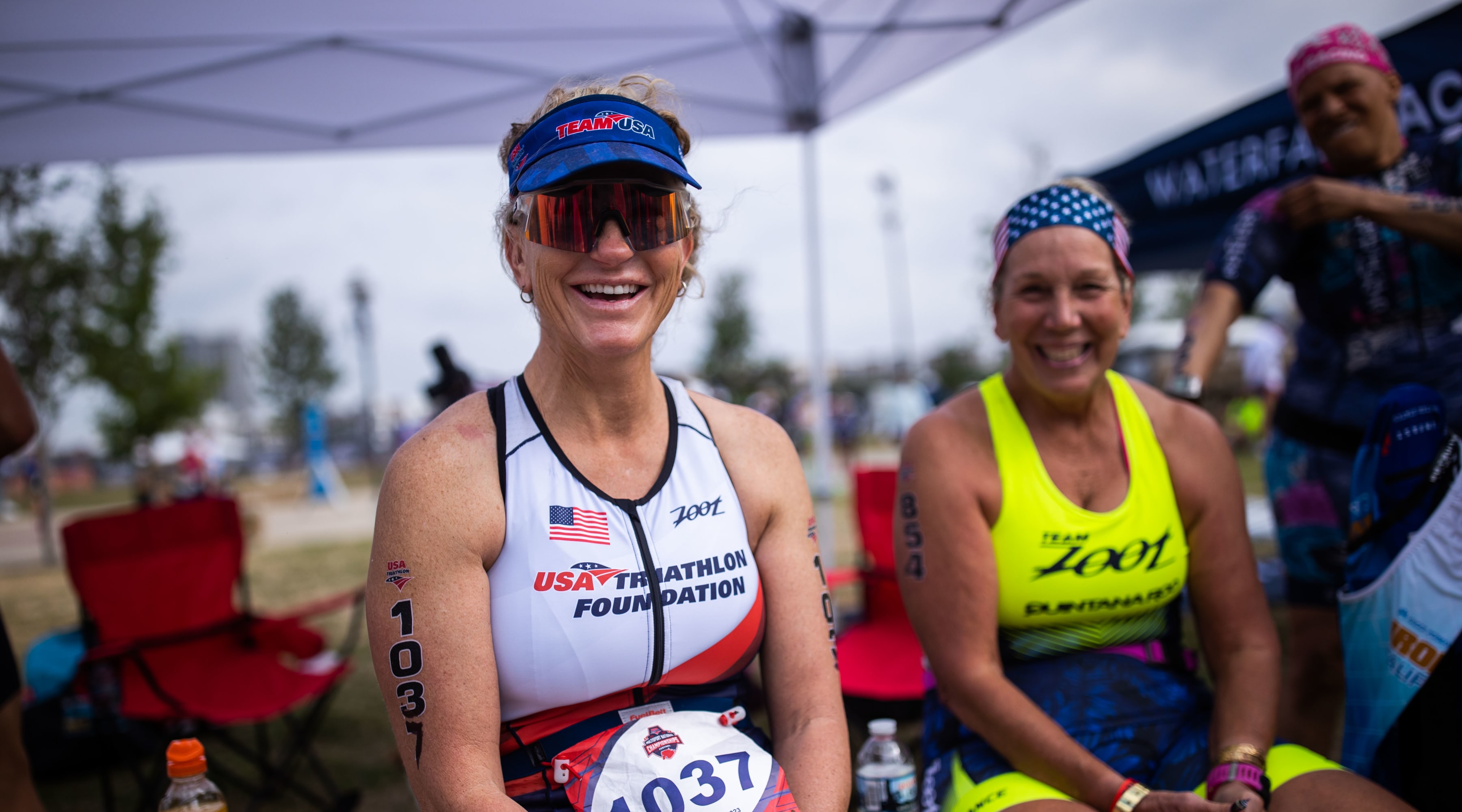 Age group athletes wearing USA Triathlon Foundation tri suits.