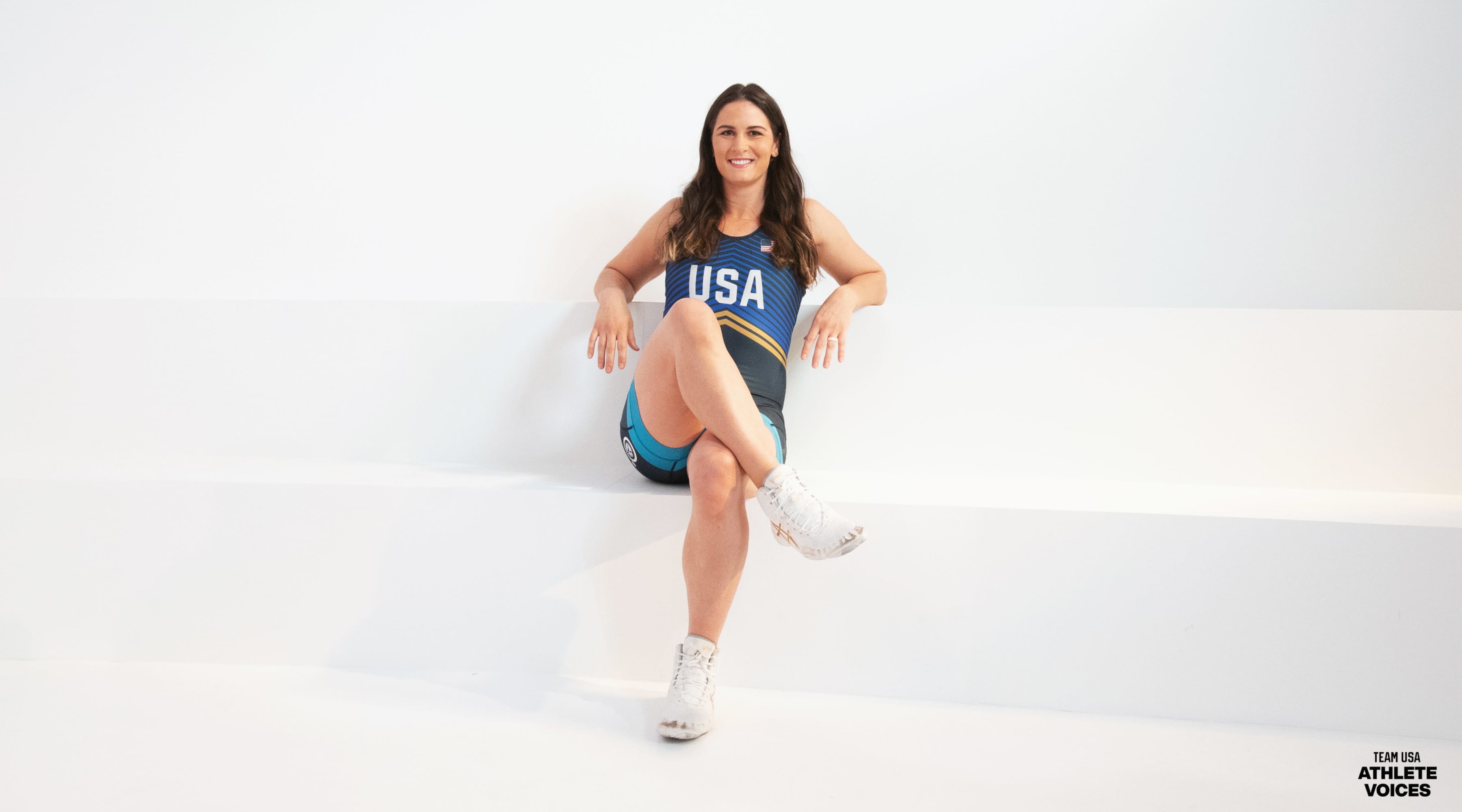 Adeline Gray poses on set at a shoot for Team USA in Los Angeles, California.
