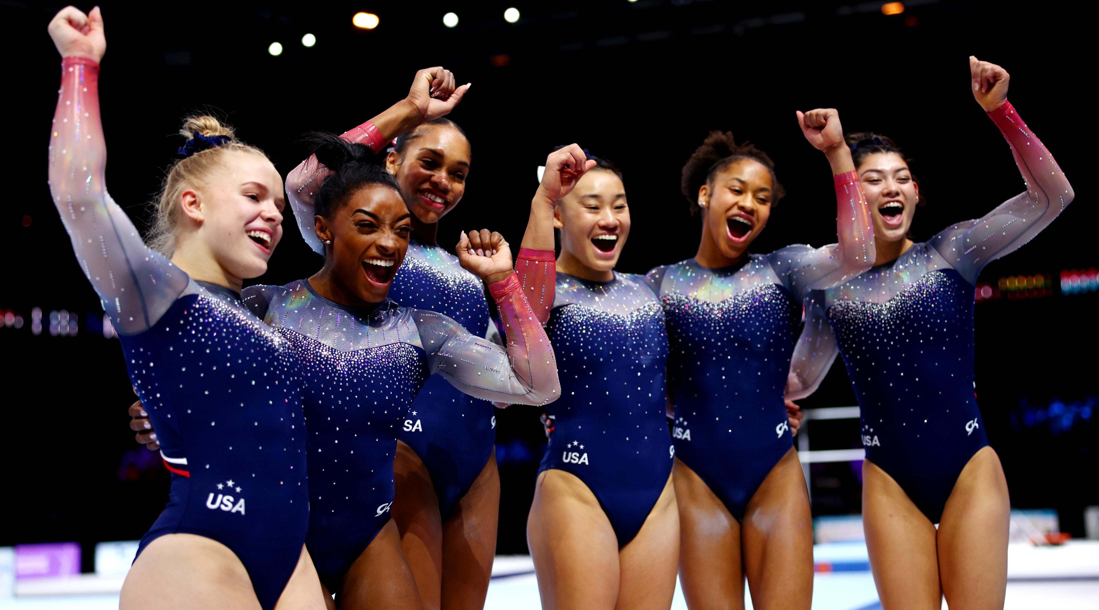 Gold medalists of Team United States celebrate winning the Women's Team Final on Day Five of the 2023 Artistic Gymnastics World Championships on October 04, 2023 in Antwerp, Belgium.