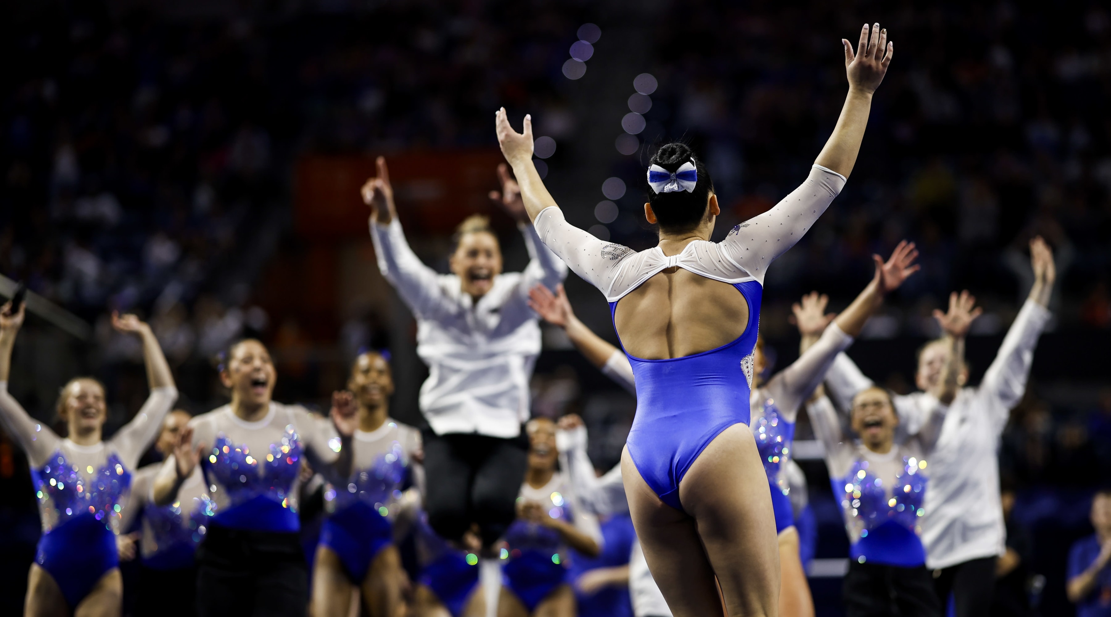 Leanne Wong of the Florida Gators celebrates during a meet against the LSU Tigers at the Stephen C. O'Connell Center on February 23, 2024 in Gainesville, Florida.