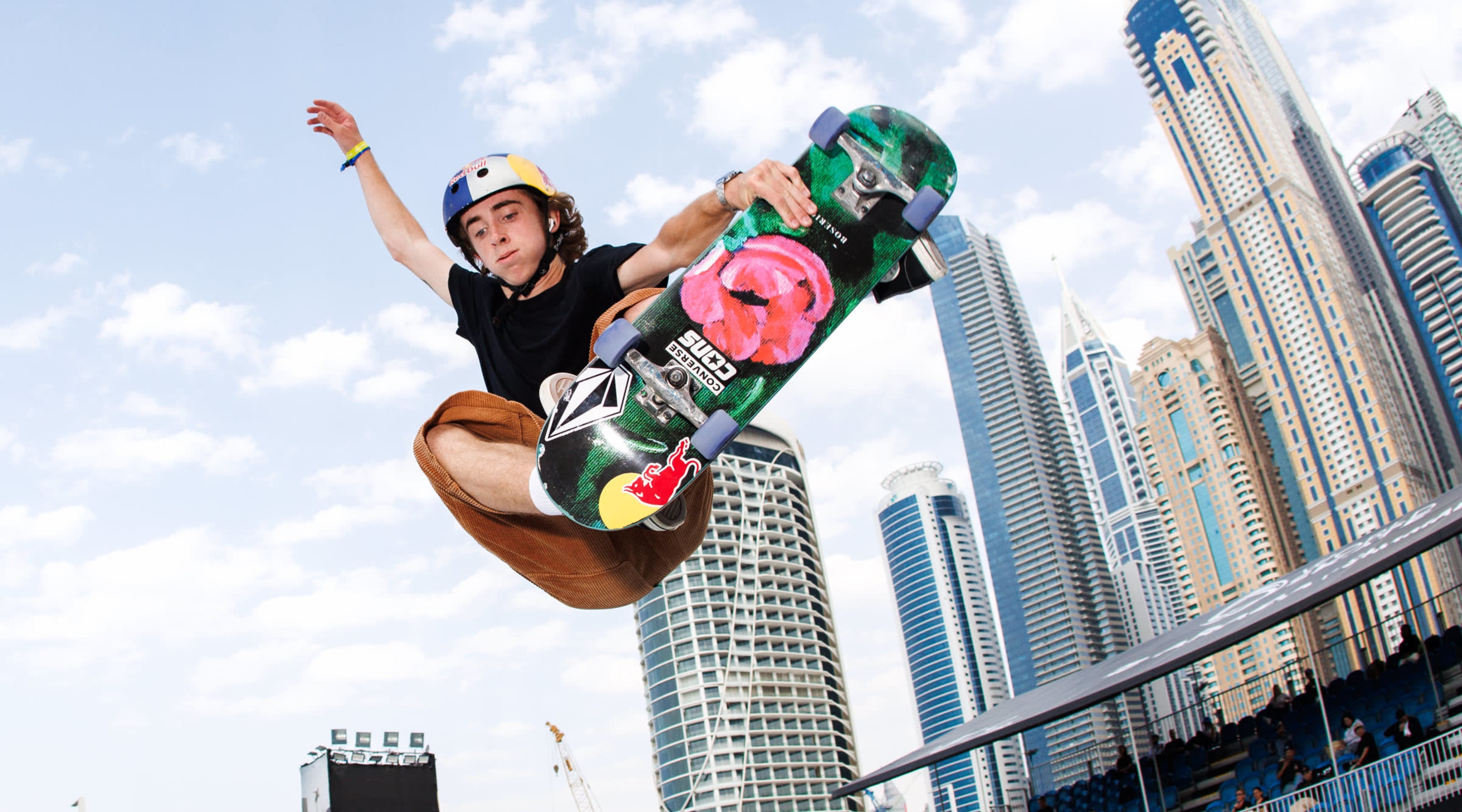 Gavin Bottger performs an Indy Nose Bone during the Men's practice at World Street Park Championships Dubai 2024.