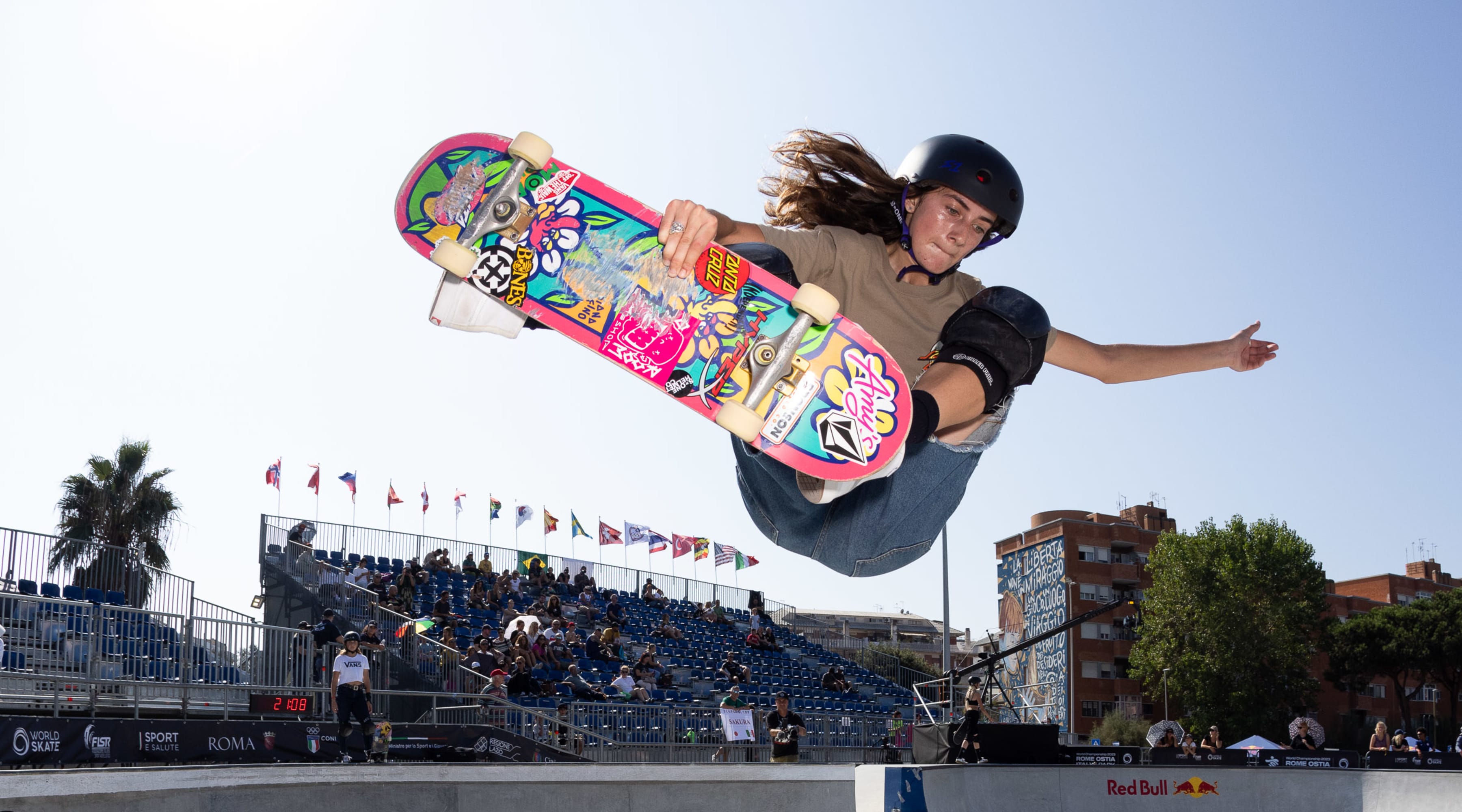Minna Stess performs an indy grab at the 2023 WST Park Ostia Rome Championships in Rome, Italy.