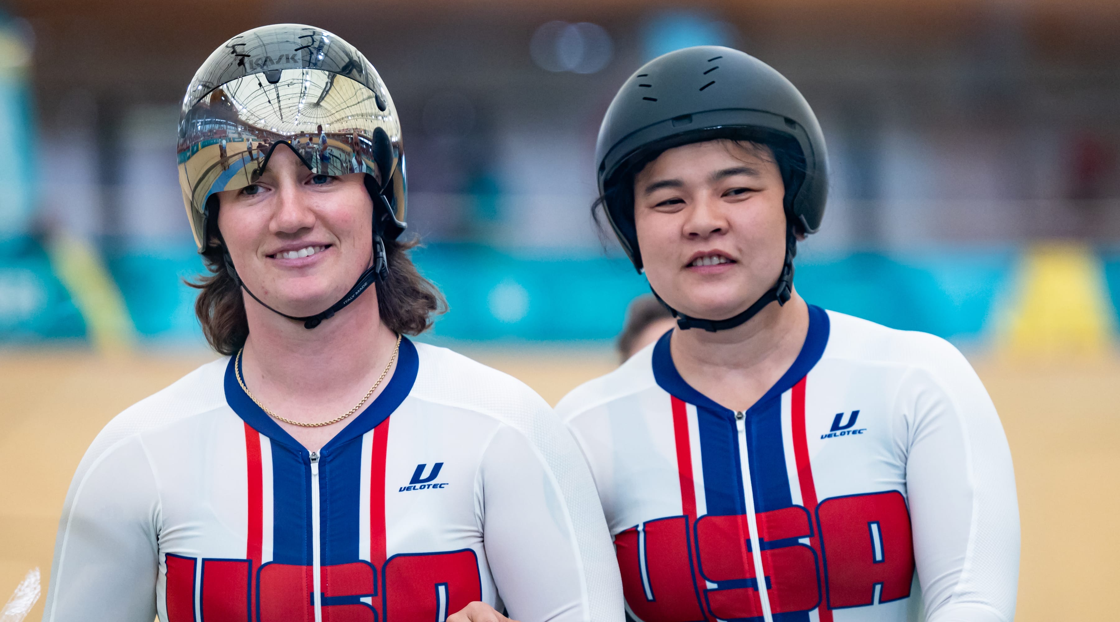 Hannah Chadwick of US Para Cycling walks with her guide Skylar Espinoza at the 2023 Parapan American Games in Santiago, Chile.