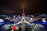 The Olympic flag is rasied at the Place du Trocadero in front of the Eiffel Tower during the Opening Ceremony of the Olympic Games Paris 2024 on July 26, 2024 in Paris, France