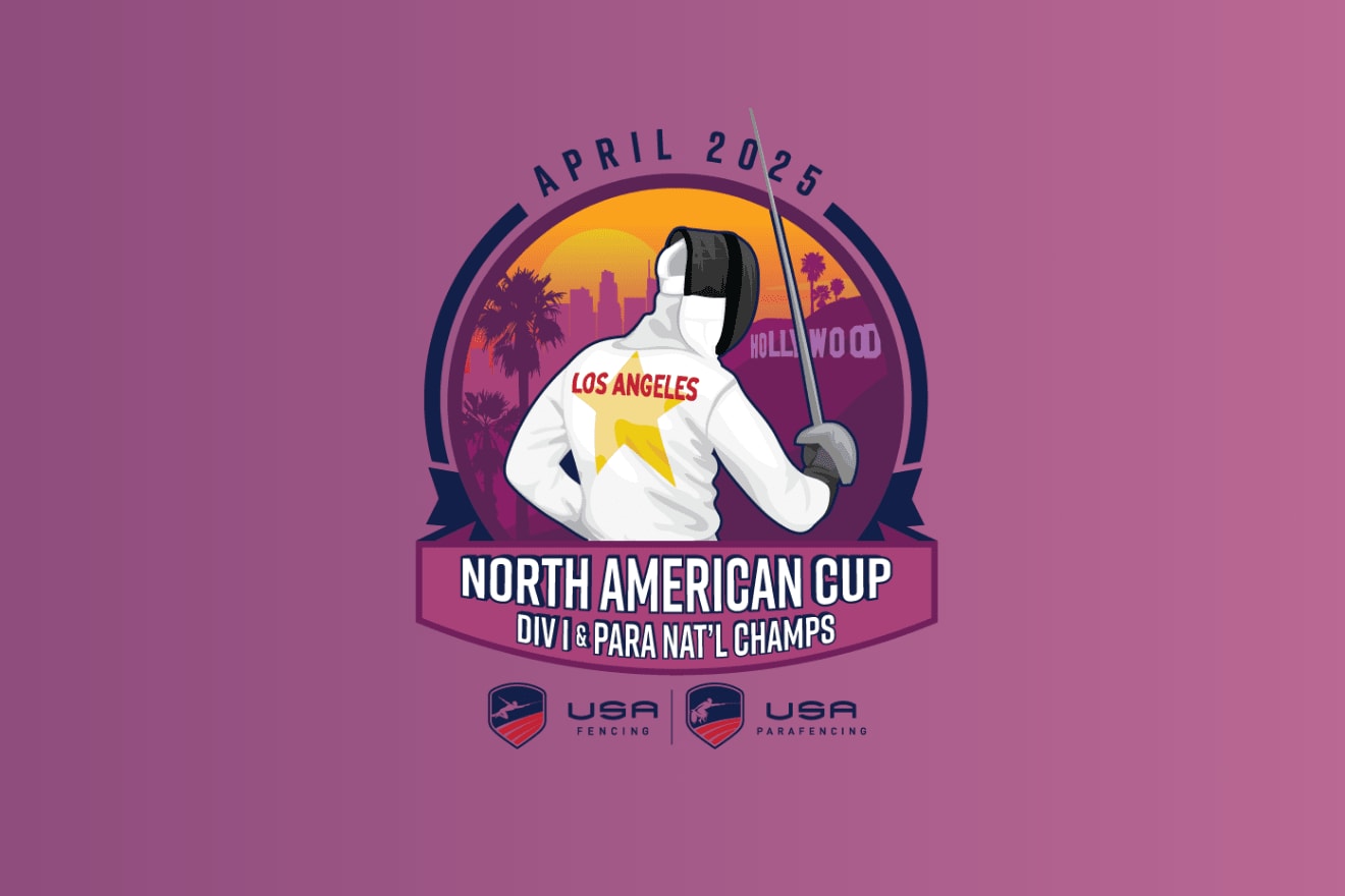 A logo for a USA Fencing tournament against a gradient background.