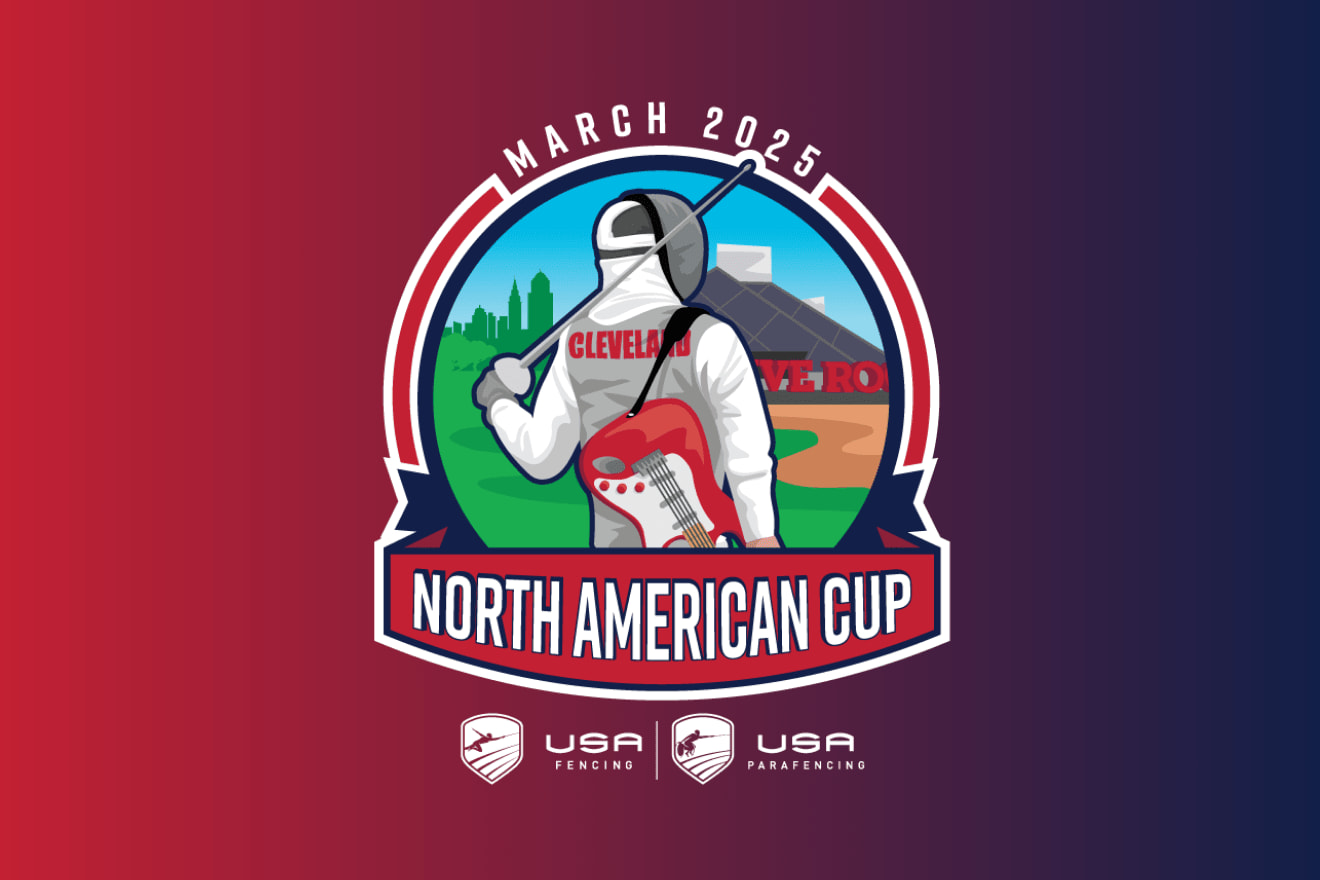 A logo for a USA Fencing tournament against a gradient background.