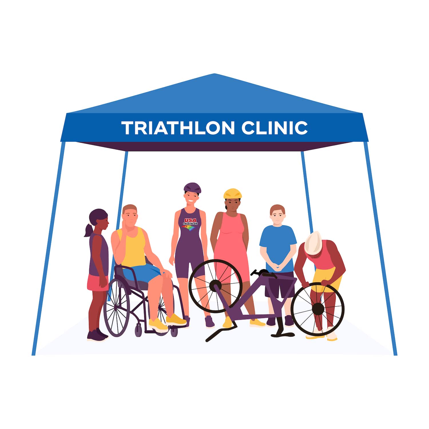 An illustration of six people of different sexes, ages, races, abilities and other differences stand underneath a canopy that reads