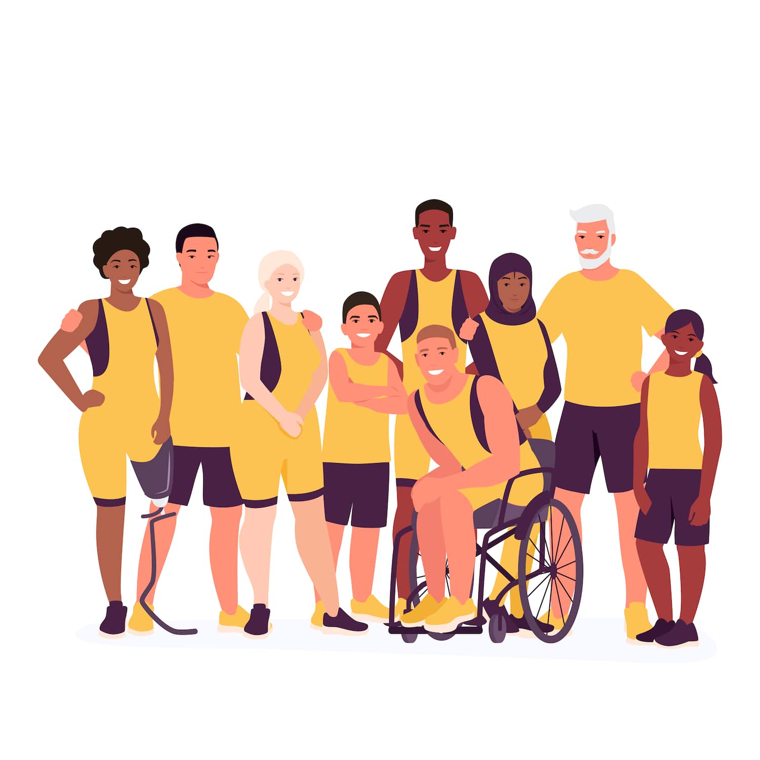 A drawing of a group of several people of different sexes, ages, races, abilities and other differences are seen smiling.