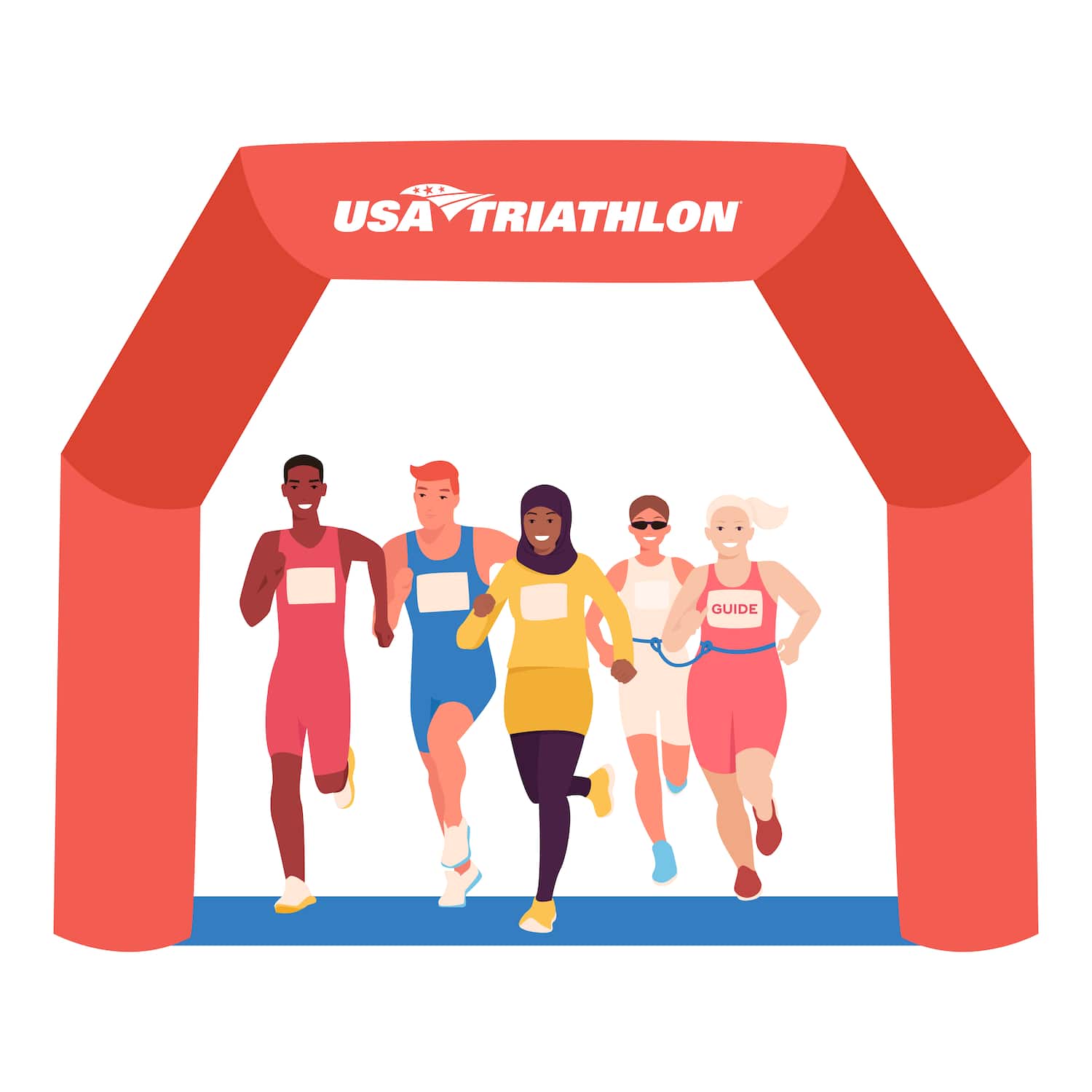 Five people with different skin colors, backgrounds, religious beliefs and abilities cross underneath an arch with the USA Triathlon logo.