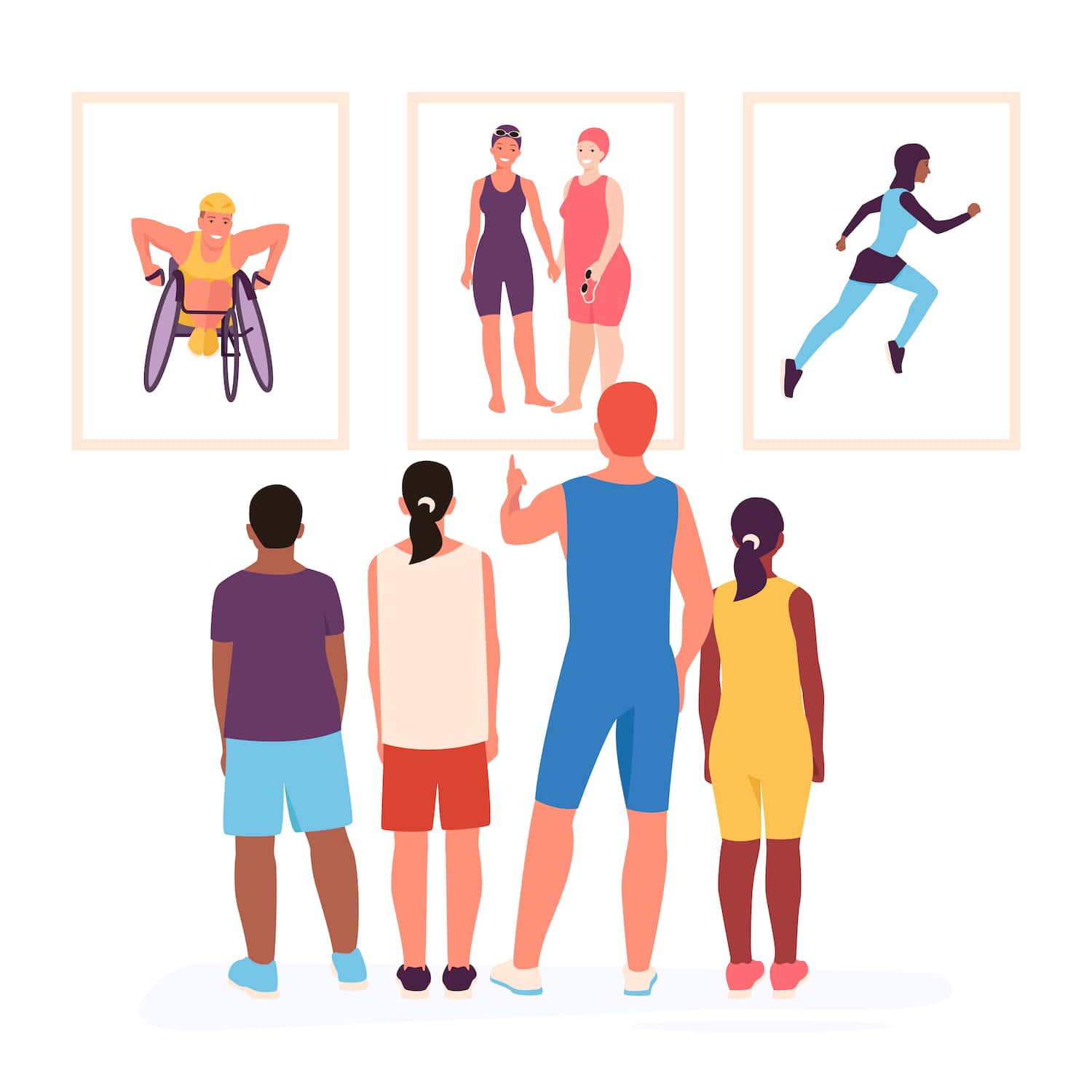 An illustration of four athletes looking at three photos: one a paratriathlon athlete in a racing wheelchair; one of two women of different body types who are both in triathlon suits; and one an athlete in a triathlon suit, long sleeves and pant legs, and hijab.