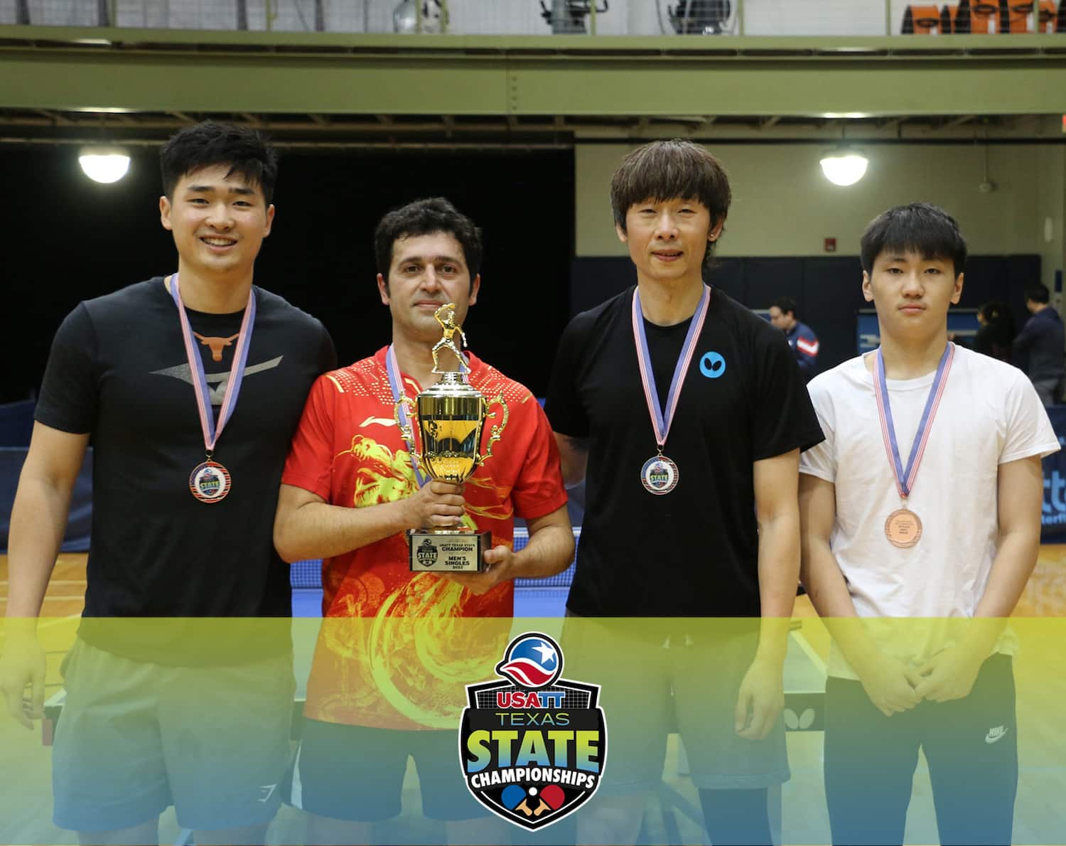 2023 USATT Texas State Championship - Men's Singles. (L-R)  Jonathan Li, Shahin Akhlagapasand,  Kewei Li, and Andrew Cao.