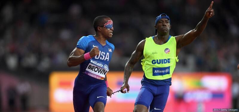 David Brown and guide Jerome Avery compete at the 2017 World Para Athletics Championships in London.