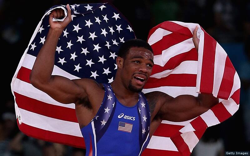 Jordan Burroughs celebrates his gold medal win in the 74-kilogram freestyle wrestling event at the Olympic Games London 2012.