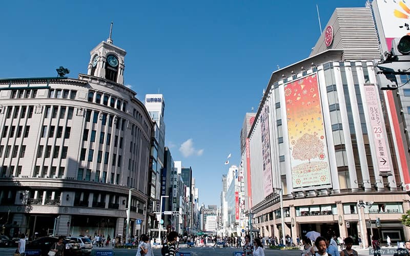 The Ginza district in Tokyo bustles with shoppers.