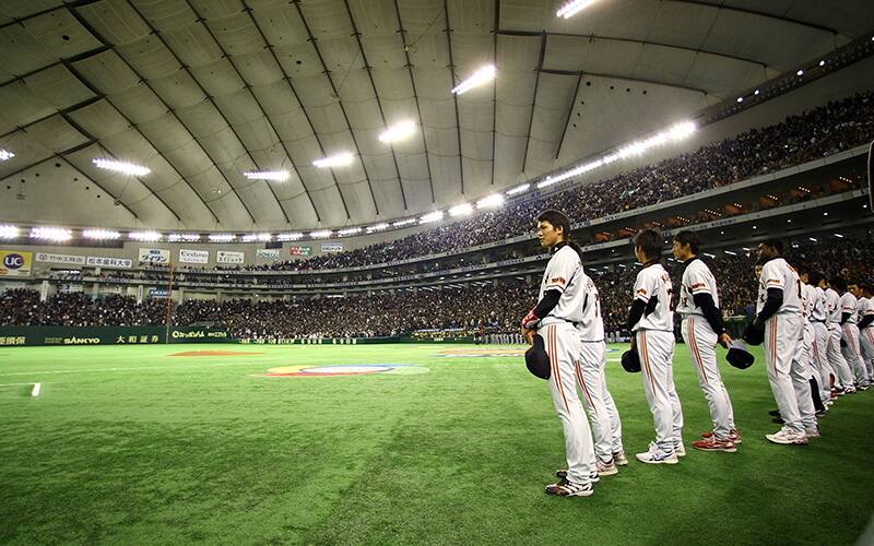 The Yomiuri Giants line up before a game.