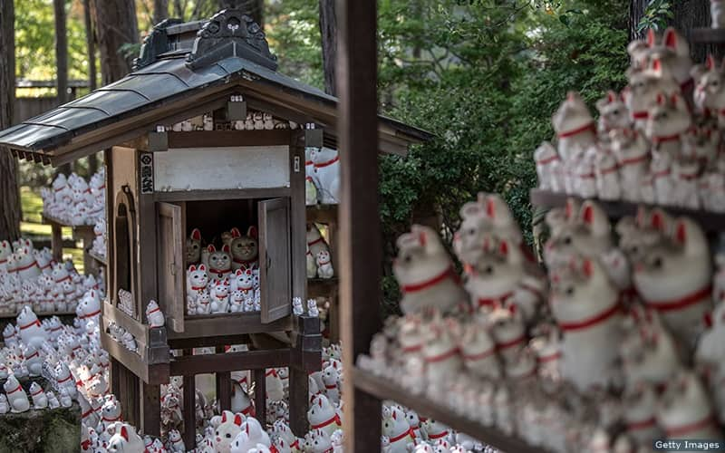 Maneki-neko statues at Gotokuji Temple