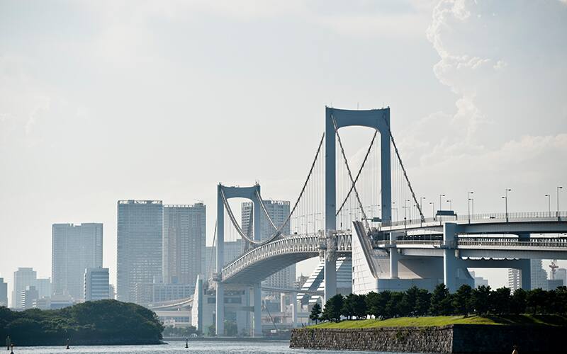 The Rainbow Bridge as seen from Odaiba in Tokyo.