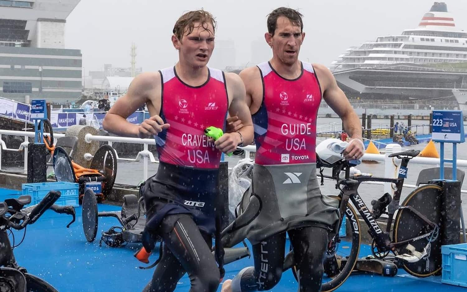 Owen cravens and guide Colin Riley compete in a world triathlon paratriathlon race