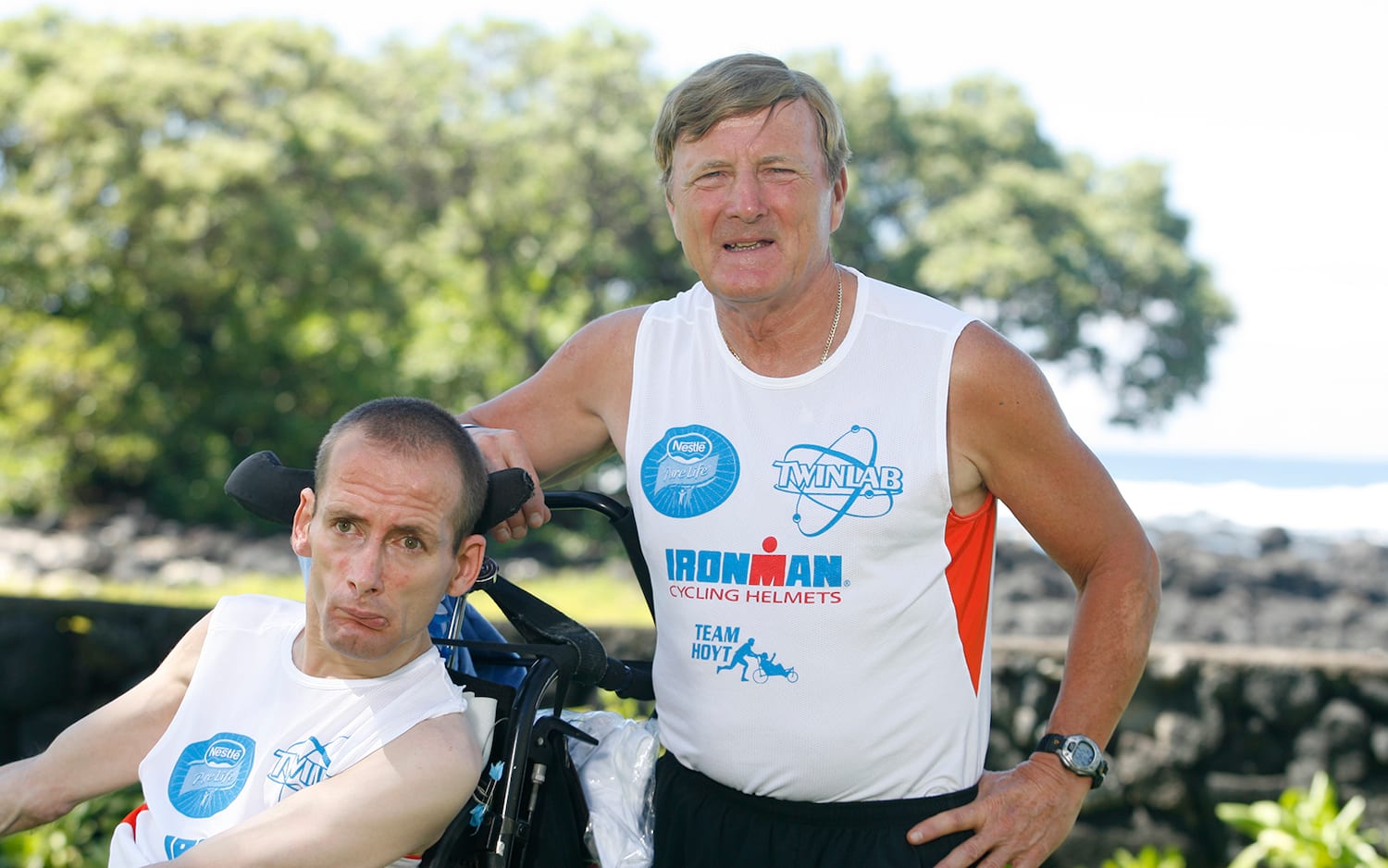 Rick and Dick Hoyt pose together for a photo.