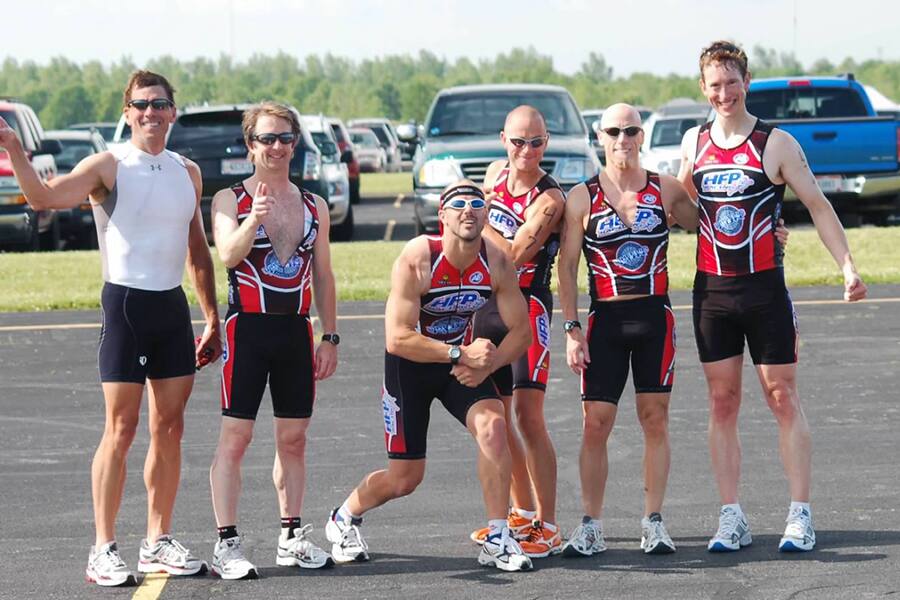 Bruce Miller and other multisport athletes from the midwest pose for a photo.