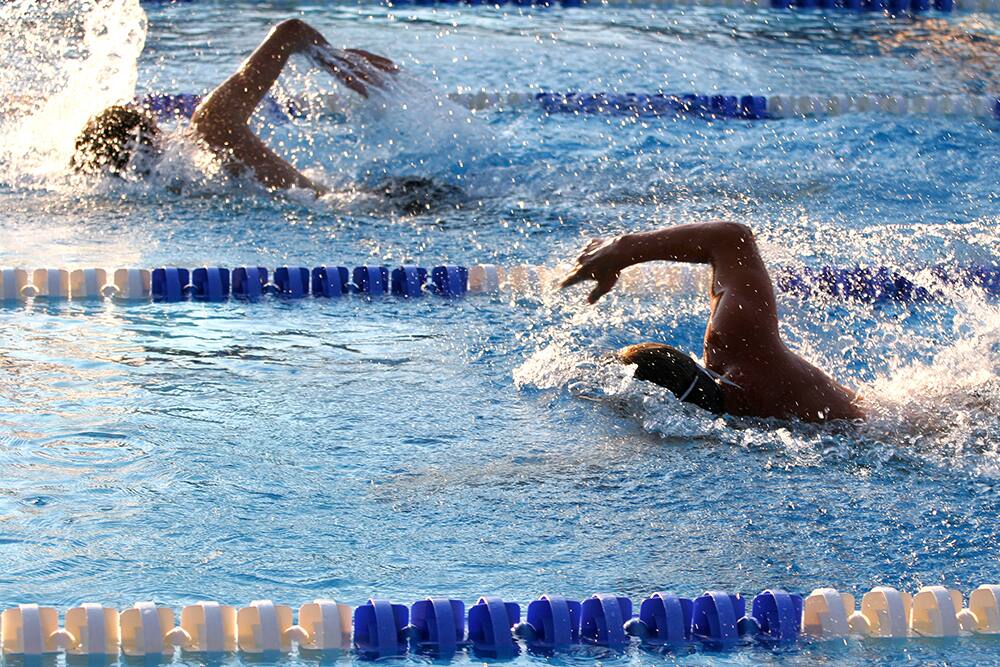 Two athletes swim in separate lanes of a swimming pool.