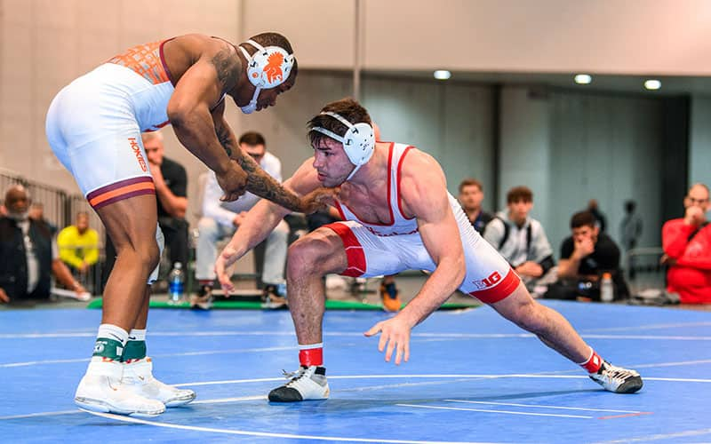 Mikey Labriola (Nebraska) takes a shot on Mekhi Lewis (Virginia Tech) in the Cliff Keen Las Vegas Invitational finals.