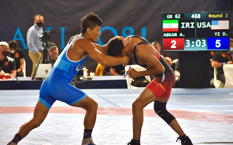 David Yi (USA) in action at the 2021 Veterans Worlds in Greco-Roman