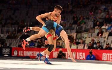 Vitaly Arujau takes down Daton Fix in the Olympic Trials Challenge Tournament at 57 kg