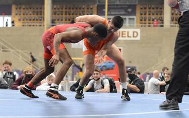 Hunter Garvin of Iowa in competition in the Junior division at USA Wrestling Folkstyle Nationals