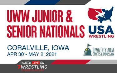 2021 Senior Nationals and UWW Junior Nationals logo for Coralville, Iowa