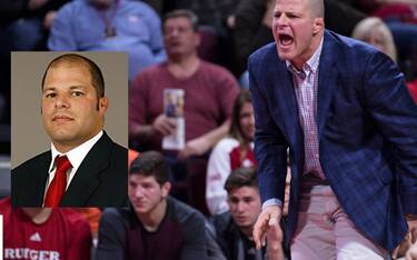 John Leonardis yells from the bench as a Rutgers coach, and a mugshot of John Leonardis