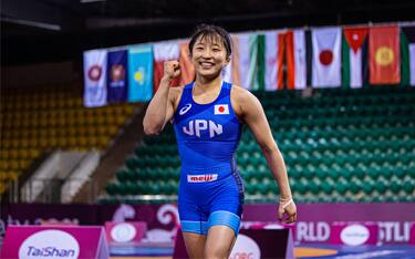 Yui Susaki of Japan pumps her fist in celebration at the 2021 Asian Olympic Qualifier