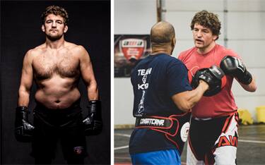 Ben Askren portrait with boxing gloves and Ben Askren practicing boxing