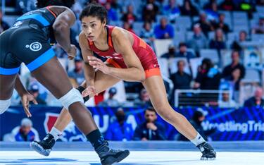 Kennedy Blades in her wrestling stance during the finals of the U.S. Olympic Team Trials