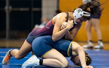 Jasmine Hernandez of Lyon College works an arm bar against an unidentified opponent