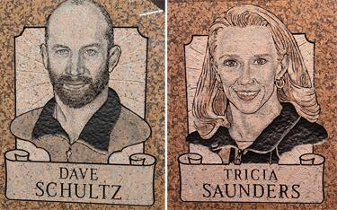 National Wrestling Hall of Fame plaques for Dave Schultz and Tricia Saunders