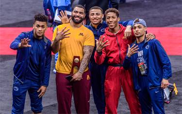 Carter Starocci of PSU, Gable Steveson of Minnesota, Aaron Brooks of PSU, David Carr of ISU and Roman Bravo-Young of PSU at the 2021 NCAAs