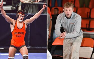 AJ Ferrari of Oklahoma State raising hands in victory; Scott Sentes of Campbell yelling as he coaches the team
