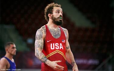 Jordan Oliver on the competition mat in Sofia, Bulgaria at World Olympic Qualifier