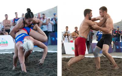 Beach wrestling action image in the sand, with a women' match and a men's match shown