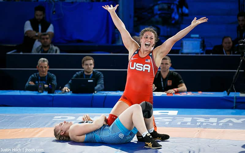 Adeline Gray (USA) celebrates after pinning Epp Maee (EST) to win sixth World title