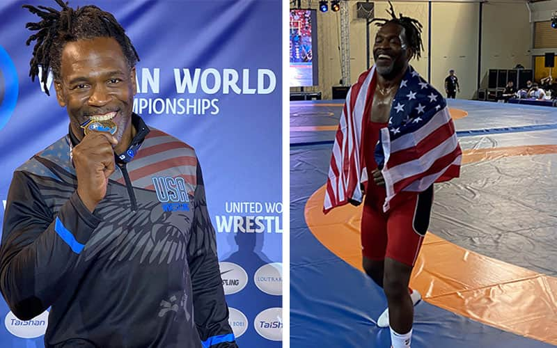 Octavius Bellamy (USA) bites his Veterans World Greco-Roman gold, and also wears the USA flag after victory