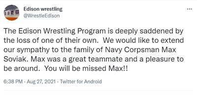 Tweet from Edison wrestling team concerning Max Soviak