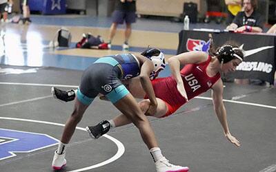 Morgan Turner (IL) takes down Lilly Breeden (MO) in the 42 kg finals series at the U15 Pan American Team Trials