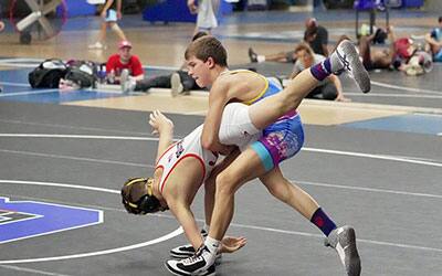 Hudson Loges (NE) lifts lifts Michael Romero (CA) in the 48 kg semifinals at the U15 Pan American Team Trials.