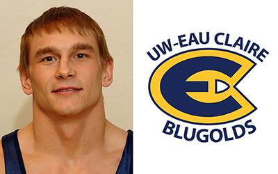 Derek Sikora as a UW-Eau Claire wrestler, along with the UW-Eau Claire athletics logo