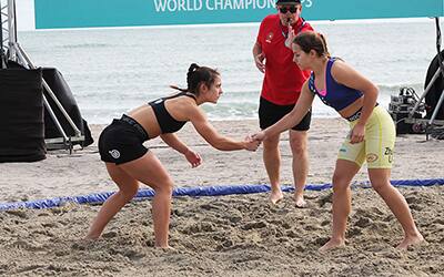 Pre-match handshake at the 2021 Beach World Championships in Constanta, Romania