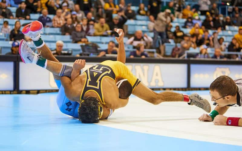 Caleb Smith (Appalachian State) secures a fall against North Carolina.